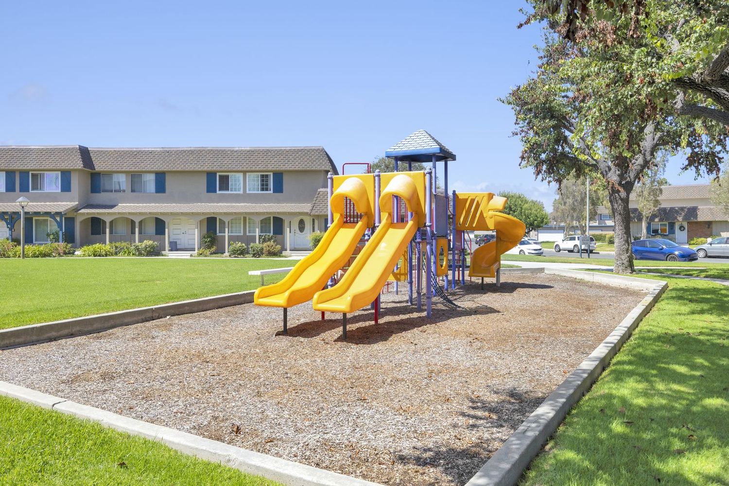 Playground with twin yellow slides set into the greenbelt